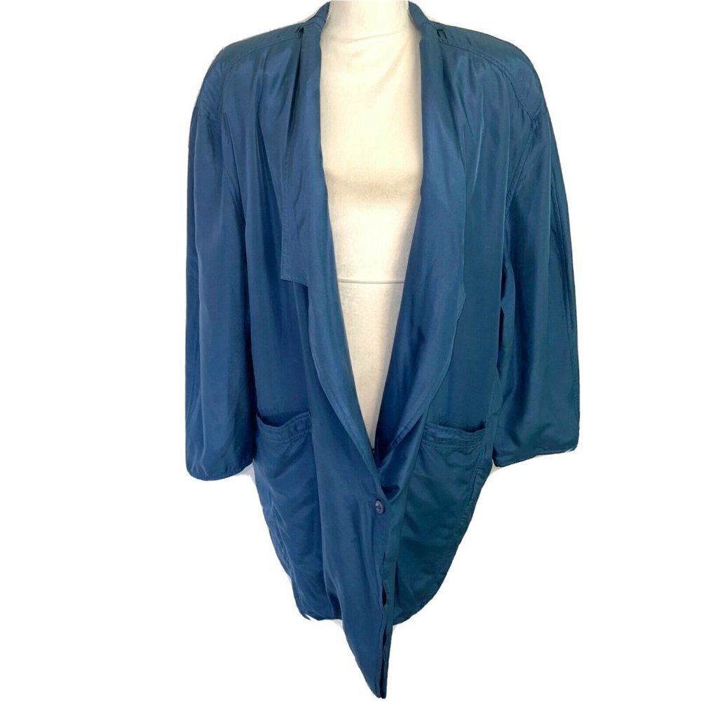Info USA Silk Jacket Womens Large L Vintage Oversized Cotton Lined French Blue